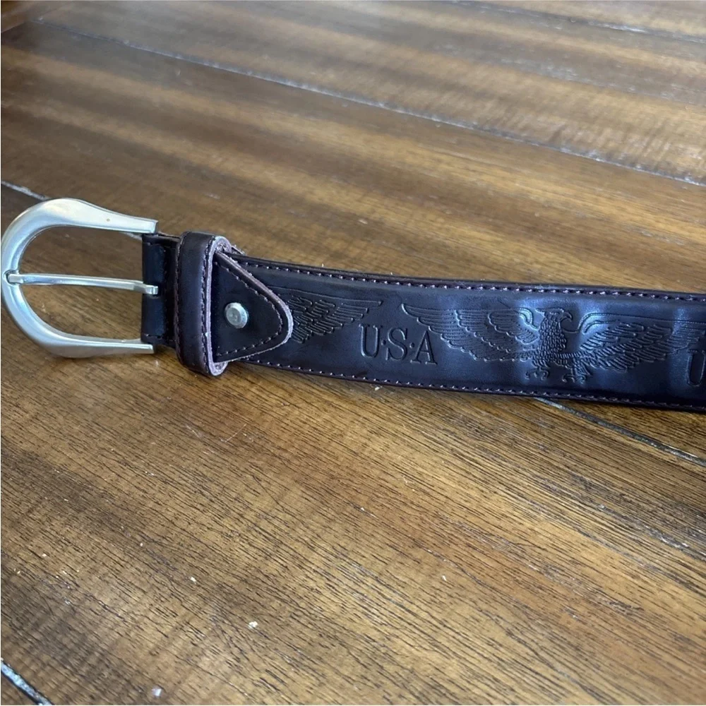USA Eagle Men's Belt Brown Leather Tooled Stamped Embossed Vintage